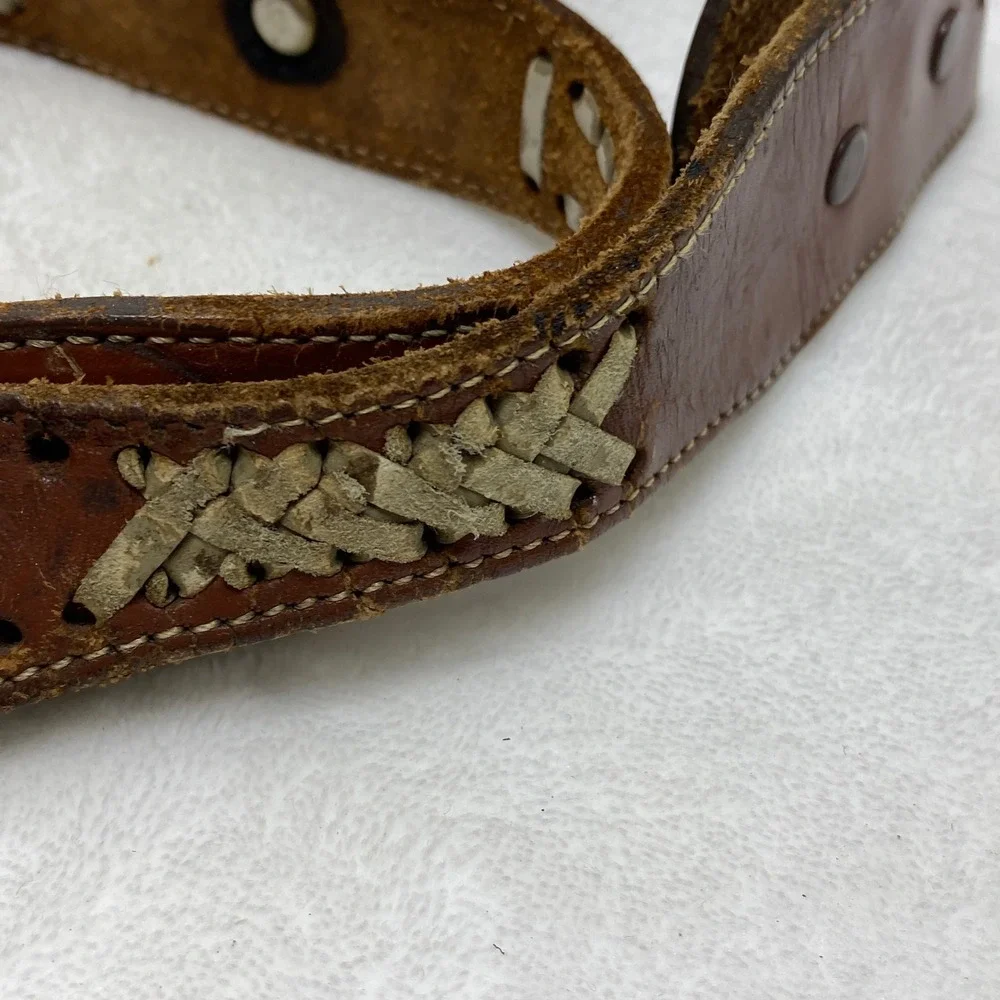 VTG Distressed‎ Brown Leather Western Concho Belt Whipstitch Lacing No Buckle